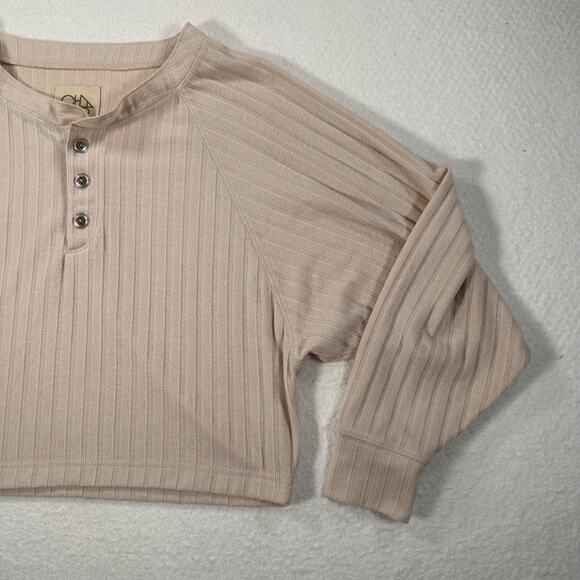 Chasor Ribbed Long Sleeve Henley Cropped Top Women's X-Small Beige - Picture 7 of 10